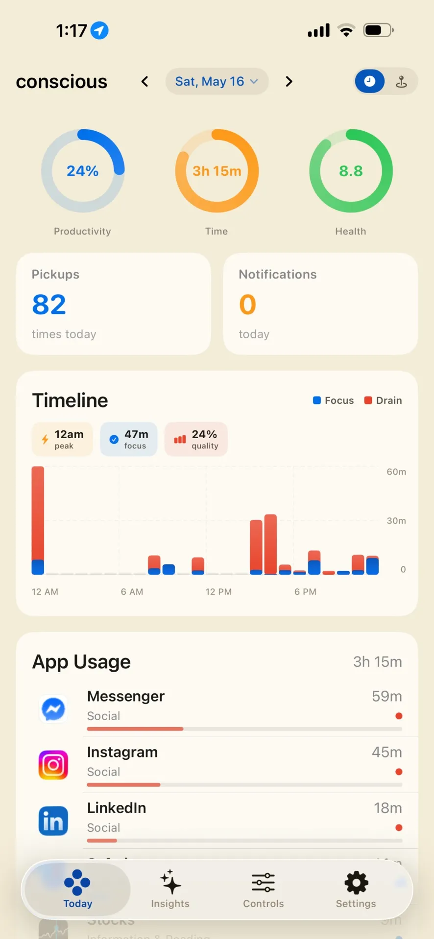 Conscious: today’s productivity rings, pickups and timeline