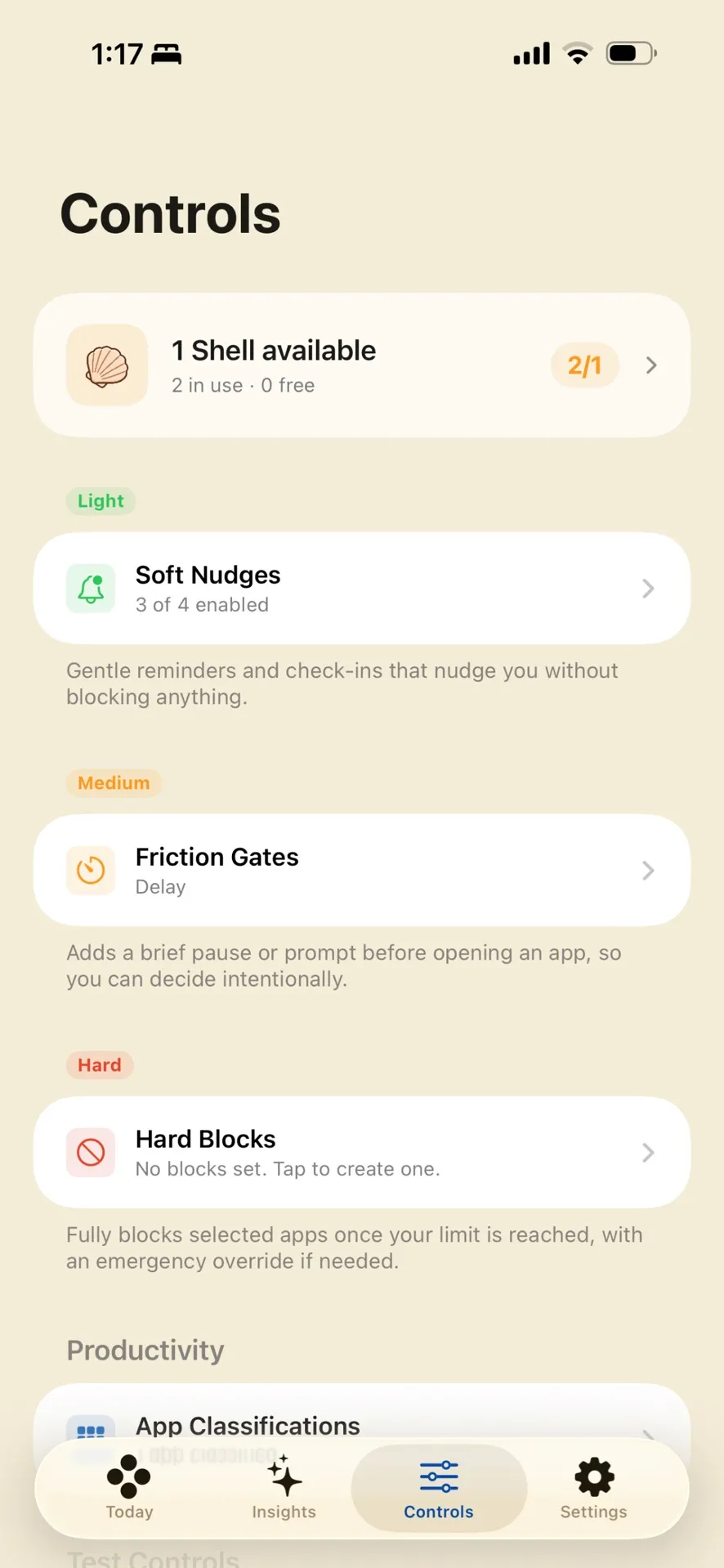 Conscious: controls, from soft nudges to hard blocks