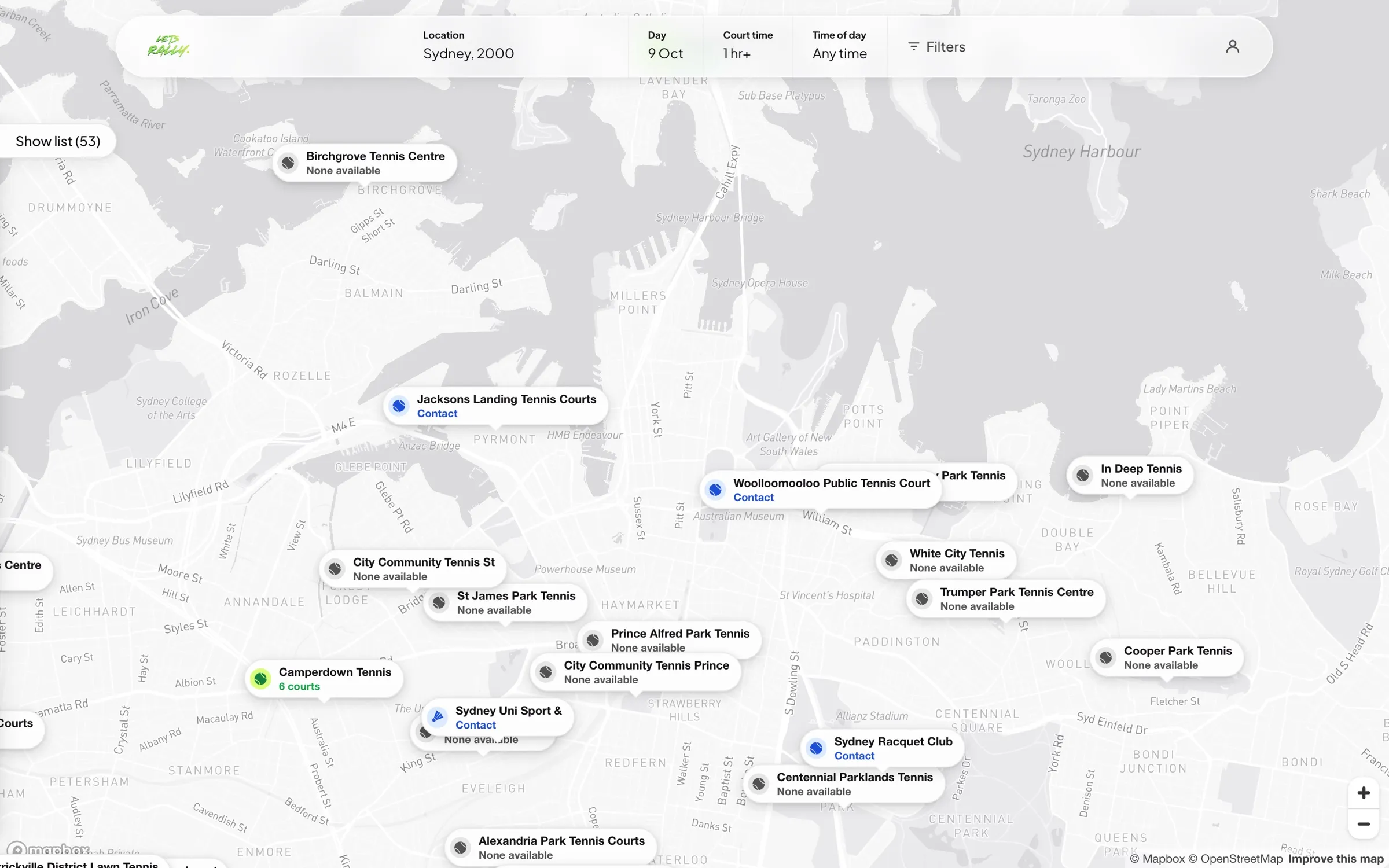 Let’s Rally: tennis and badminton venues across Sydney on a map, with free courts
