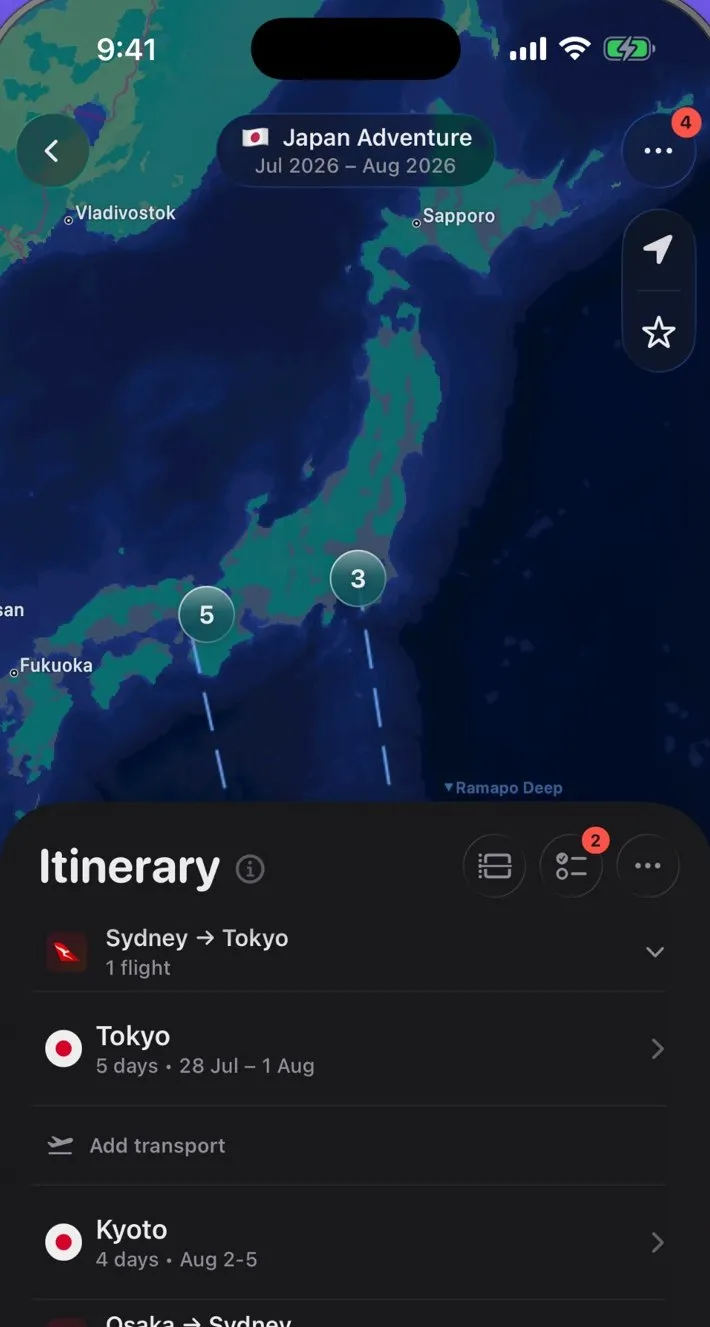Maple: a Japan itinerary on a dark map