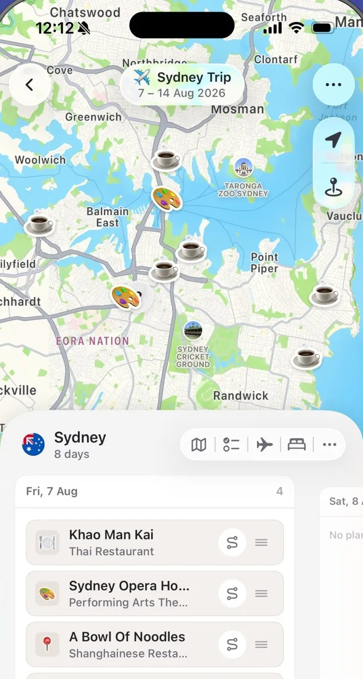 Maple: a Sydney trip with stops pinned on the map